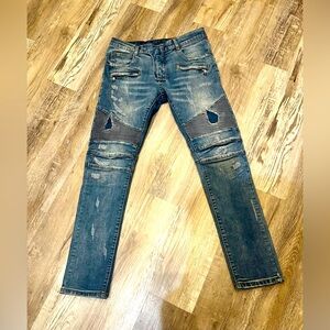 Balmain Distressed Faded Straight Biker Jeans 30x29
